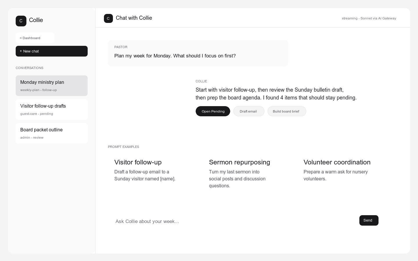 Screenshot of Collie chat with ministry prompts