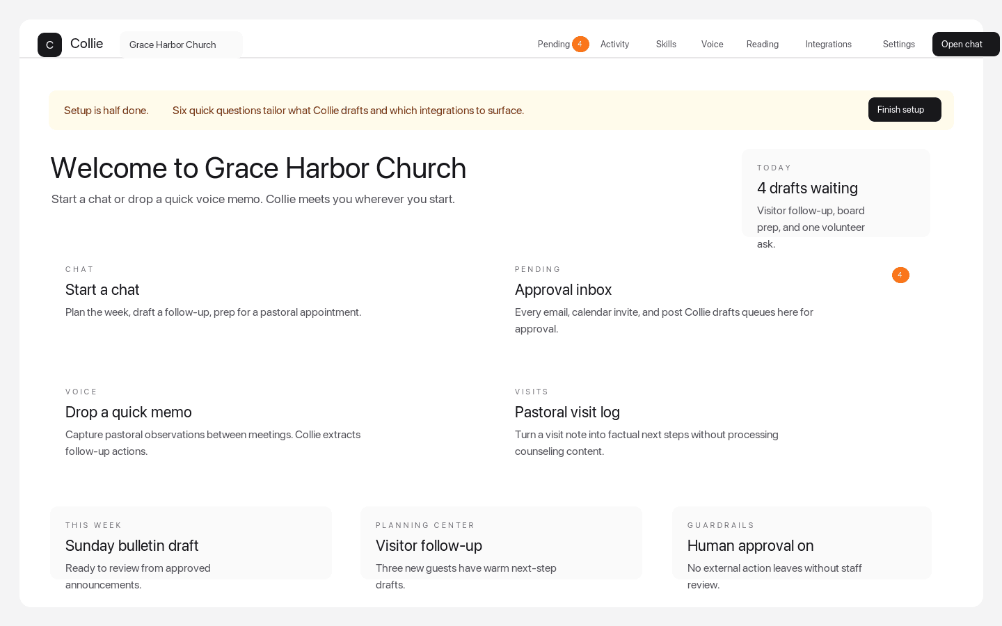 Screenshot of Collie dashboard quick actions