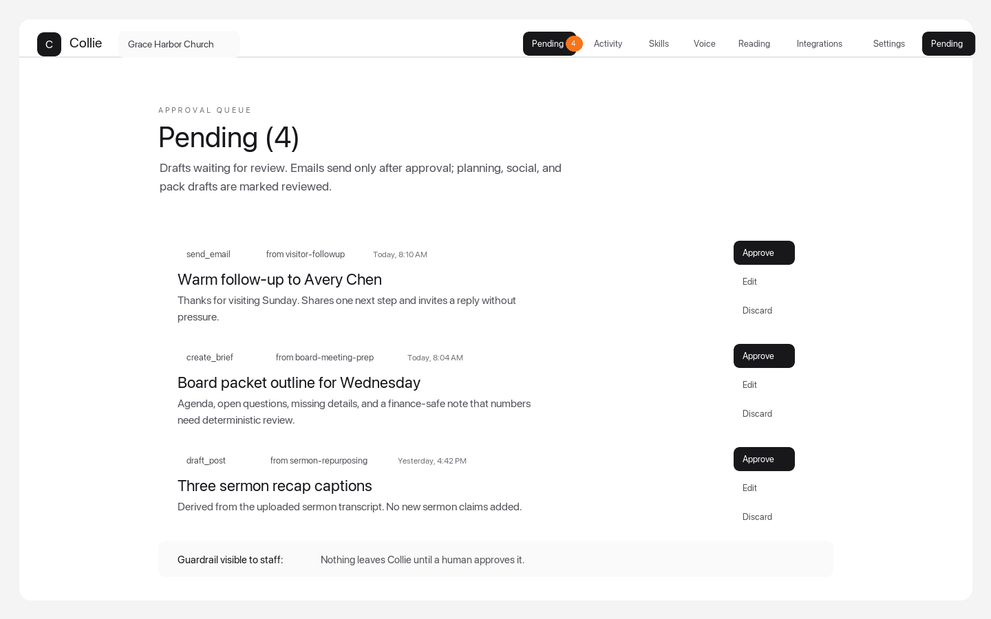 Screenshot of Collie Pending approvals queue